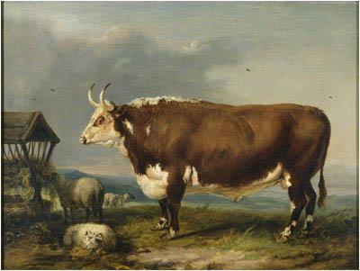 James Ward Hereford Bull with Sheep by a Haystack oil painting picture